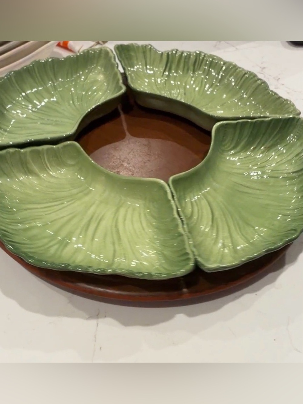 Vintage Maddux of California Green Cabbage Leaf Divided Lazy Susan Serving Set